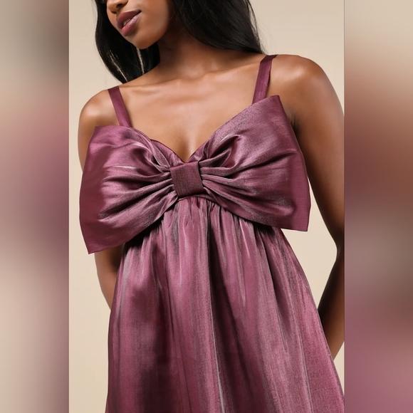 Lulus Extravagant Initiative Shiny Plum Organza Bow Midi Dress M Wedding Party - Picture 4 of 9